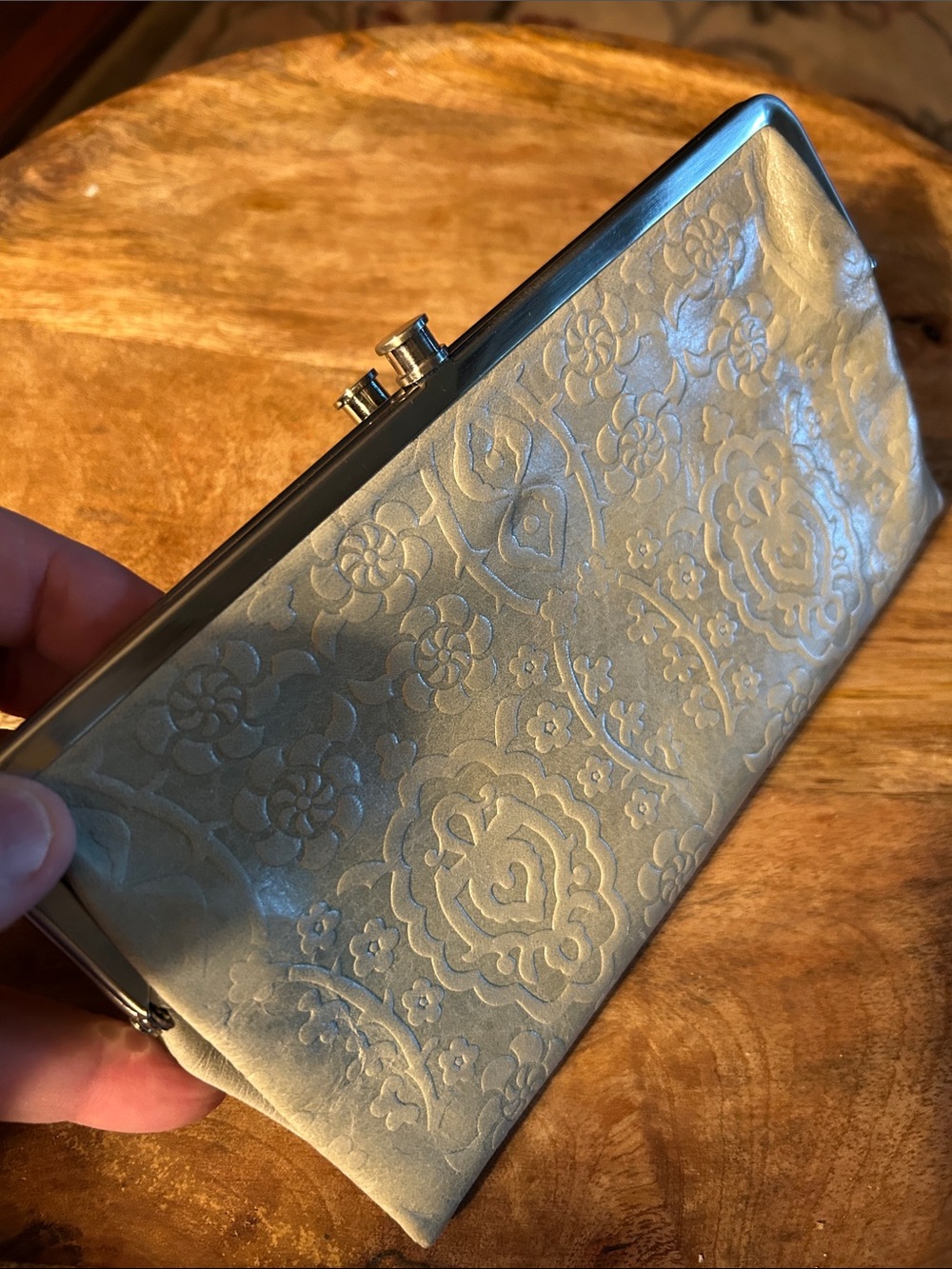 HOBO Metallic Cream Embossed Floral Kiss-Lock Clutch